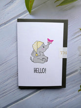 Load image into Gallery viewer, Hand drawn Greetings Card with an elephant and a butterfly saying Hello