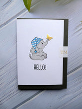 Load image into Gallery viewer, Hand drawn Greetings Card with an elephant and a butterfly saying Hello