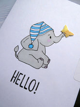 Load image into Gallery viewer, Hand drawn Greetings Card with an elephant and a butterfly saying Hello