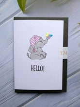 Load image into Gallery viewer, Hand drawn Greetings Card with an elephant and a butterfly saying Hello