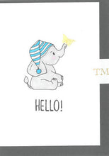 Load image into Gallery viewer, Hand drawn Greetings Card with an elephant and a butterfly saying Hello