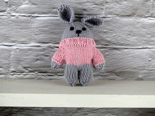 Small teddy in pink jumper.