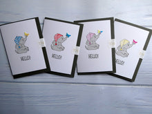 Load image into Gallery viewer, Hand drawn Greetings Card with an elephant and a butterfly saying Hello