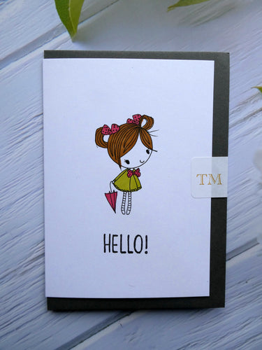 Hand drawn Greetings Card, Cute girl saying Hello