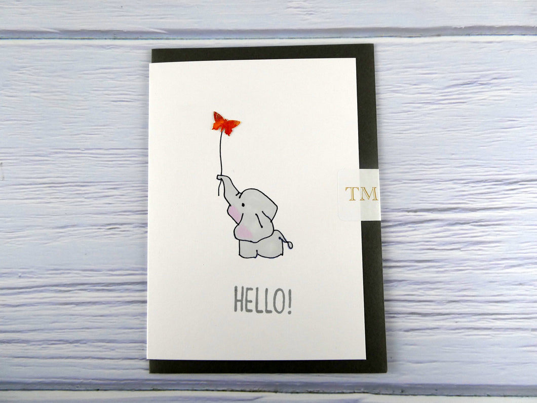 Hand drawn Greetings Card (Elephant with red butterfly)