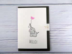 Hand drawn Greetings Card (Elephant with pink butterfly)