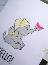 Load image into Gallery viewer, Hand drawn Greetings Card with an elephant and a butterfly saying Hello