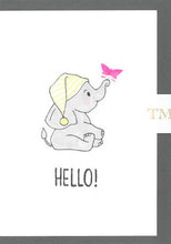 Load image into Gallery viewer, Hand drawn Greetings Card with an elephant and a butterfly saying Hello