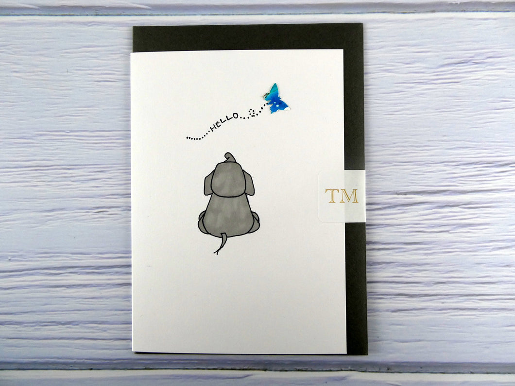 Hand drawn Greetings Card (Elephant with blue butterfly)