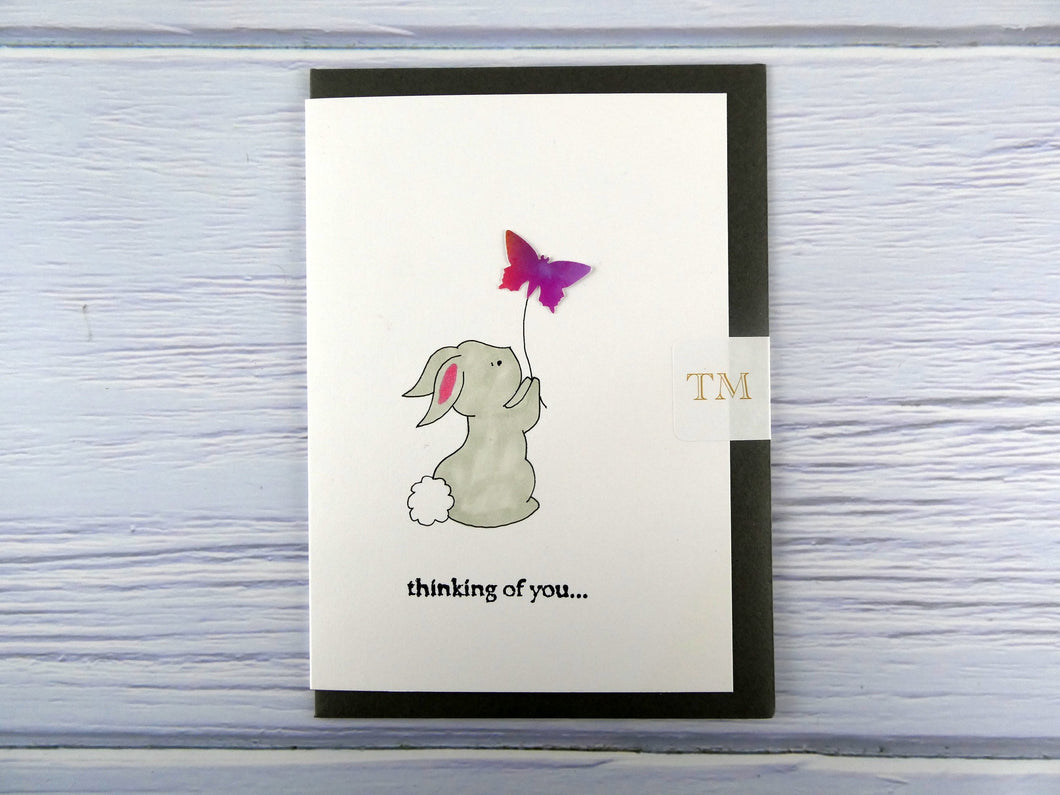 Hand drawn Greetings Card (Rabbit with purple butterfly)