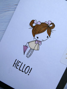 Hand drawn Greetings Card, Cute girl saying Hello