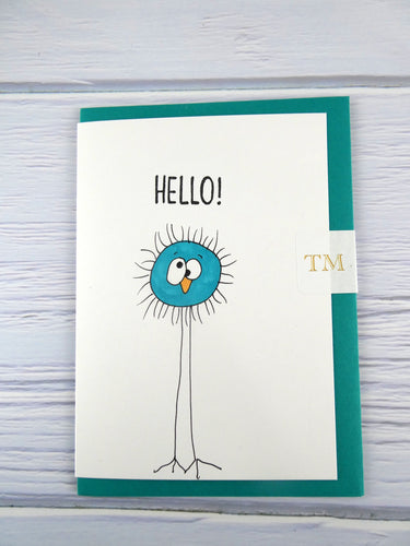 Hand drawn Greetings Card (Turquoise Fuzzy hello)