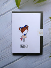 Load image into Gallery viewer, Hand drawn Greetings Card, Cute girl saying Hello