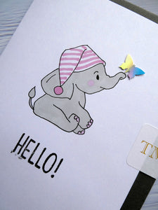 Hand drawn Greetings Card with an elephant and a butterfly saying Hello