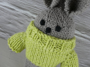 Small teddy in green jumper.