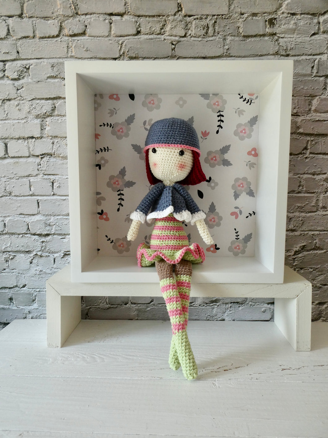 Madeline the Crochet doll in a striped dress in a display box – Tracey Mason